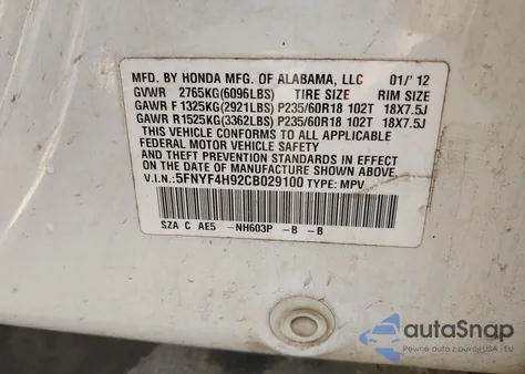 2012 Honda Pilot Touring из США, поврежденный, VIN 5FNYF4H92CB029100